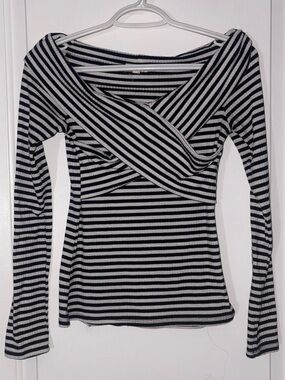 Ardene Black & White Striped Long-Sleeve Wrap Top